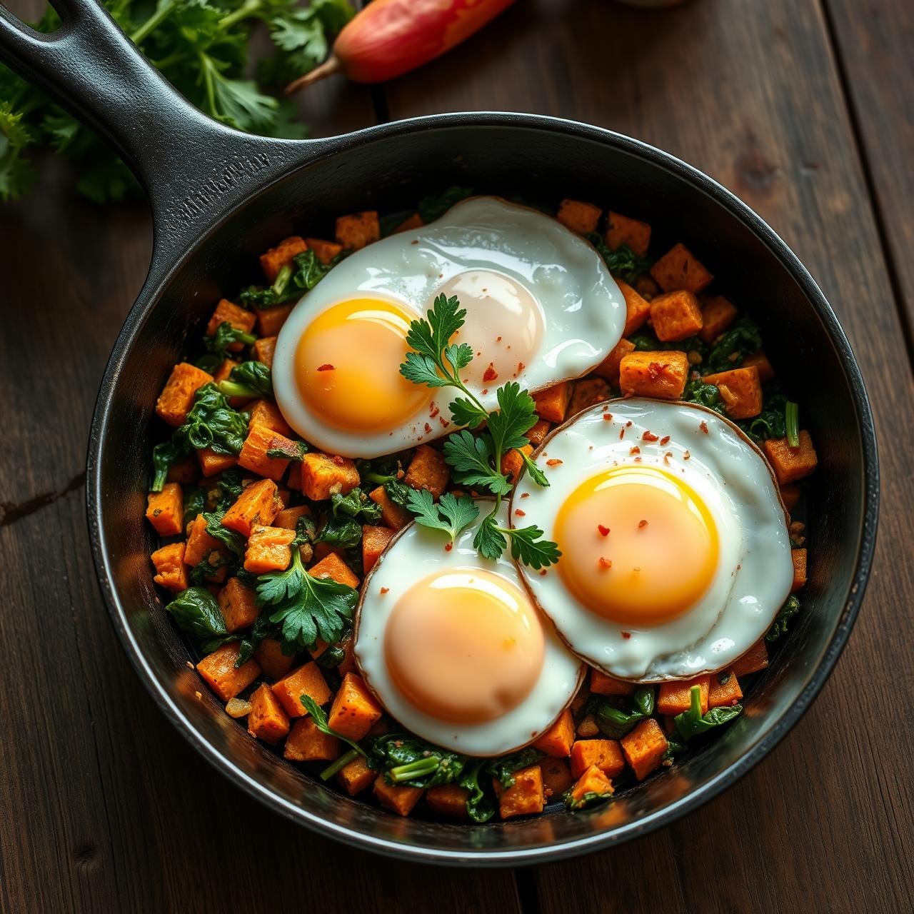 One Pan Sweet Potato Hash With Kale and Eggs (No Fluff Morning Fuel)