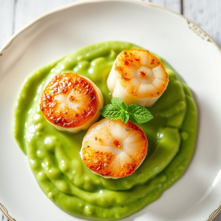 Pan Seared Scallops With Minty Pea Puree (Restaurant Quality Diet Meal)