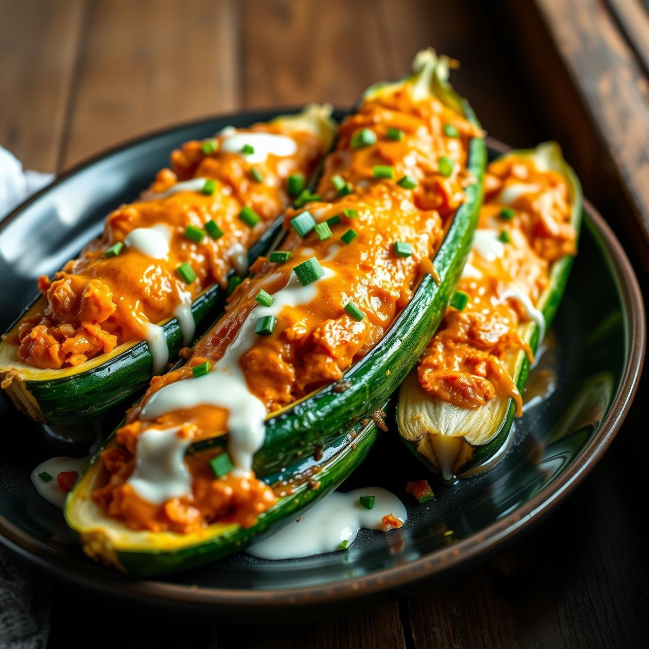 Spicy Buffalo Chicken Stuffed Zucchini Boats (Low Calorie Dinner)