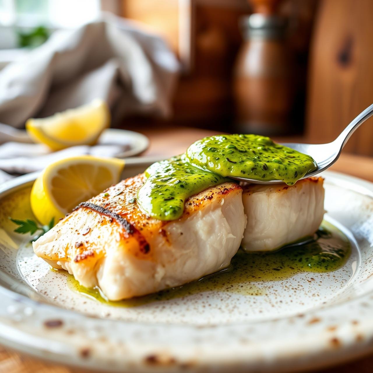 Succulent Baked Cod With Zesty Green Sauce (Under 300 Calories)